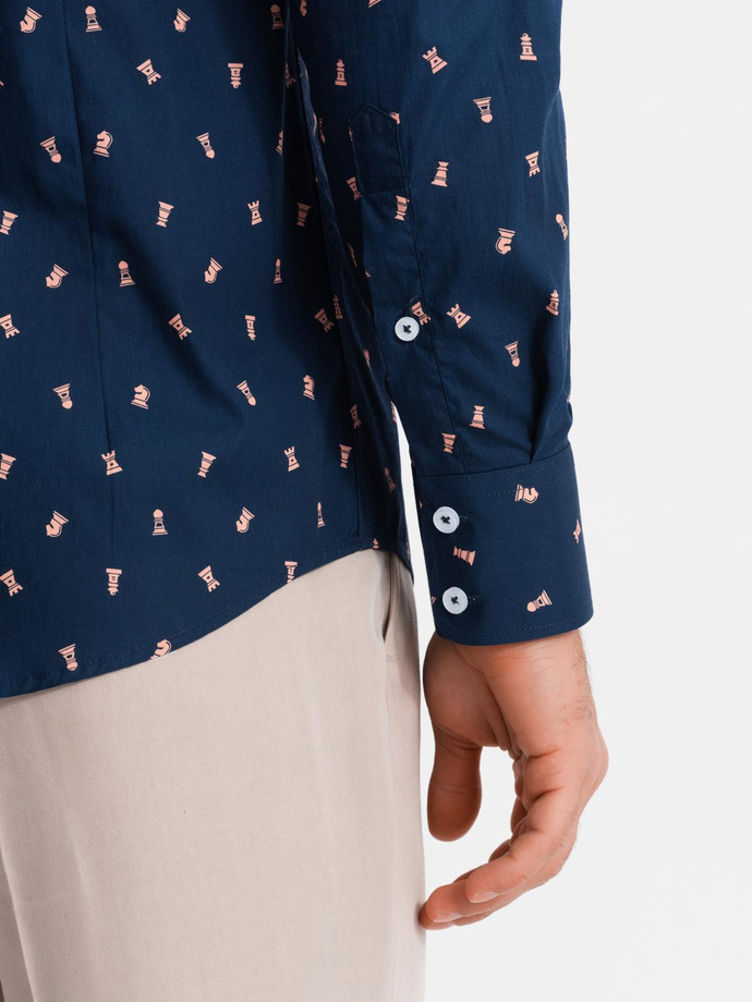 Bawełniana koszula męska we wzory SLIM FIT - atramentowa V3 OM-SHCS-0151