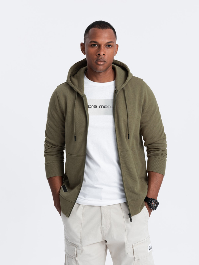 Rozpinana bluza męska dresowa BASIC – oliwkowa V2 OM-SSBZ-0160