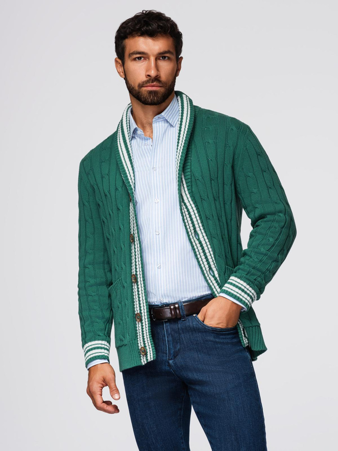 Knitted monochrome men's viscose cardigan - navy blue V1 OM-SWCD-0126