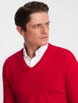 Men's sweater with a "v-neck" neckline with a shirt collar - red V4 OM-SWSW-0102