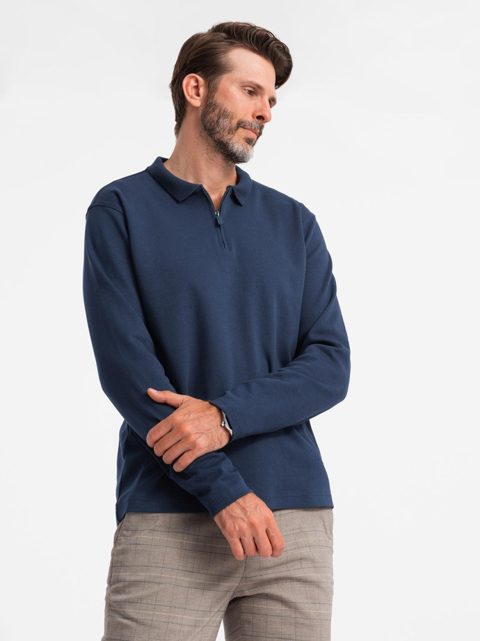 Longsleeve polo męski z zapinanym na zamek kołnierzykiem – granatowy V7 OM-POLS-0130