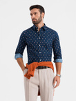 Bawełniana koszula męska we wzory SLIM FIT - atramentowa V3 OM-SHCS-0151