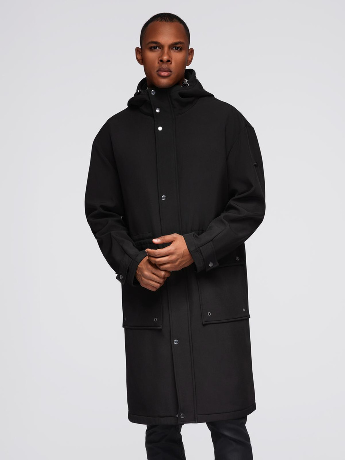 Men's faux leather jacket with ribbed bottom hem - black V2 OM-JAFL-0109