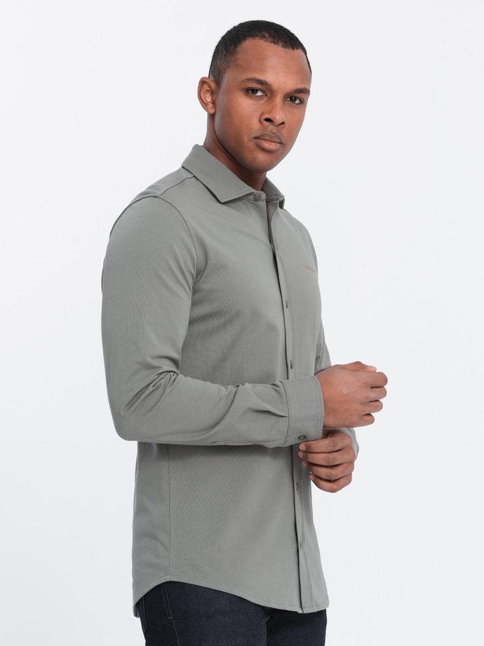 Bawełniana męska koszula REGULAR z dzianiny single jersey - jasny khaki V4 OM-SHCS-0138