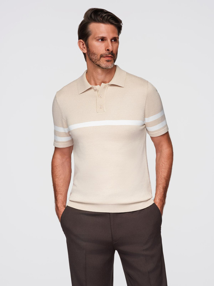 Men's soft knit polo shirt with contrasting stripes - beige V4 OM-POSS-0118