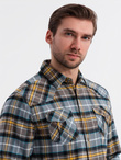 Męska flanelowa koszula w kratę z kieszeniami - szaro-żółta V1 OM-SHCS-0149