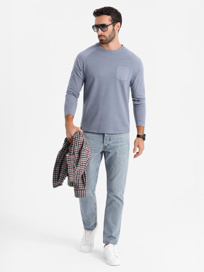 Longsleeve męski bawełniany o waflowym splocie z kieszonką – niebieski denim V8 OM-LSCL-0109