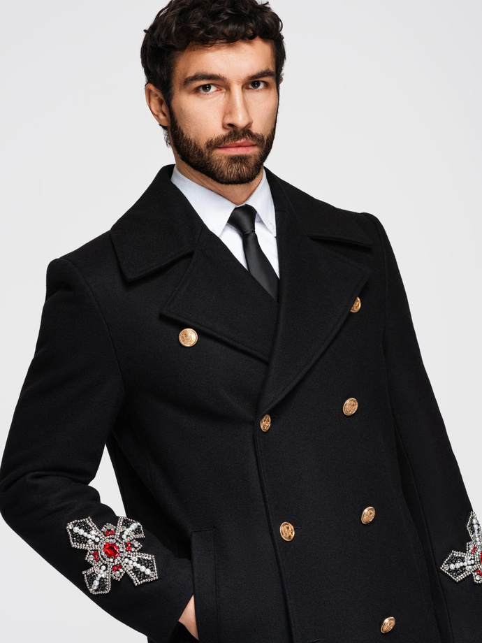 Men's double-breasted coat with wool and bead appliqués on sleeves - black V1 OM-COWC-0148