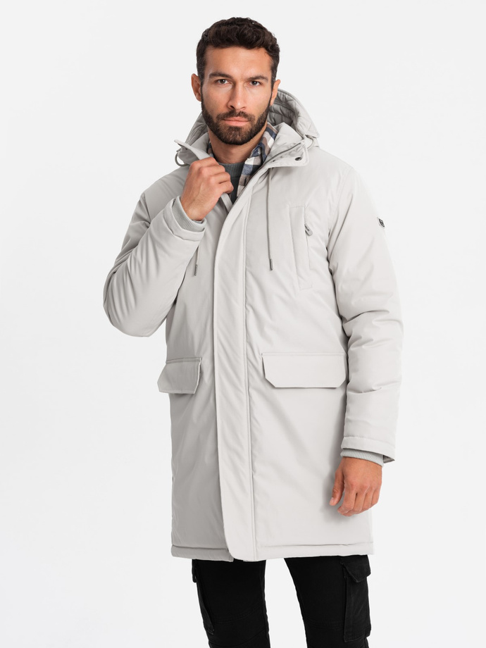 Długa klasyczna męska kurtka typu parka – kremowa V1 OM-JALJ-0166