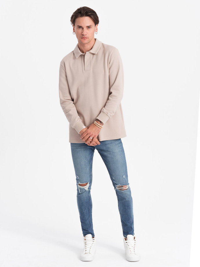 Bluza męska z kołnierzykiem polo ze strukturalnej dzianiny - beżowa V2  OM-SSNZ-0149