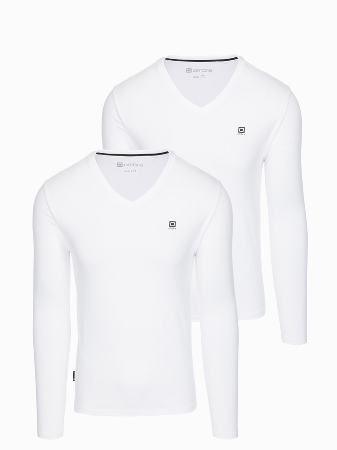 Zestaw męskich longsleeve'ów SLIM FIT z dekoltem typu V i logotypem 2-pak – biały V2 Z87