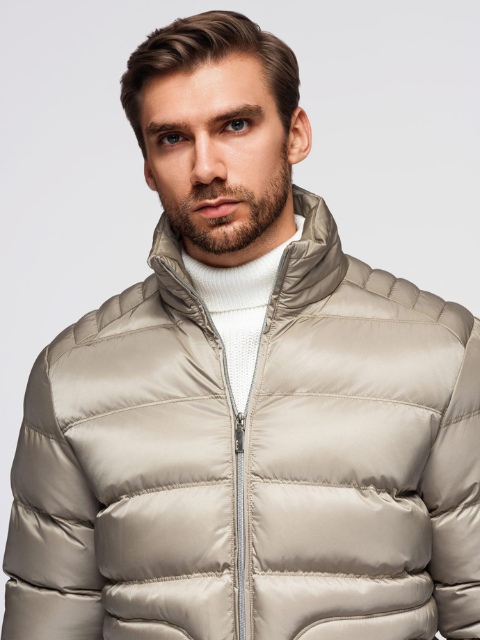 Men's quilted jacket with gloss and stand-up collar - light grey V5 OM-JALP-0218