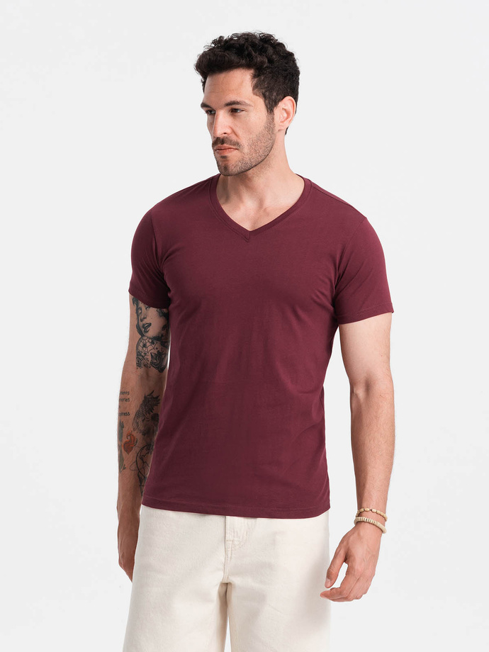 BASIC men's cotton classic tee shirt with a v-neck - maroon V10 OM-TSBS-0145