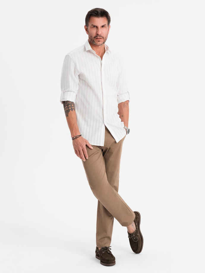 Męskie spodnie chino REGULAR FIT z delikatną strukturą – ciemnobeżowe V2  OM-PACP-0184