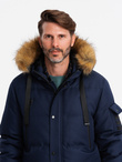 Men's long warm parka hooded jacket - navy blue V1 OM-JALJ-0182