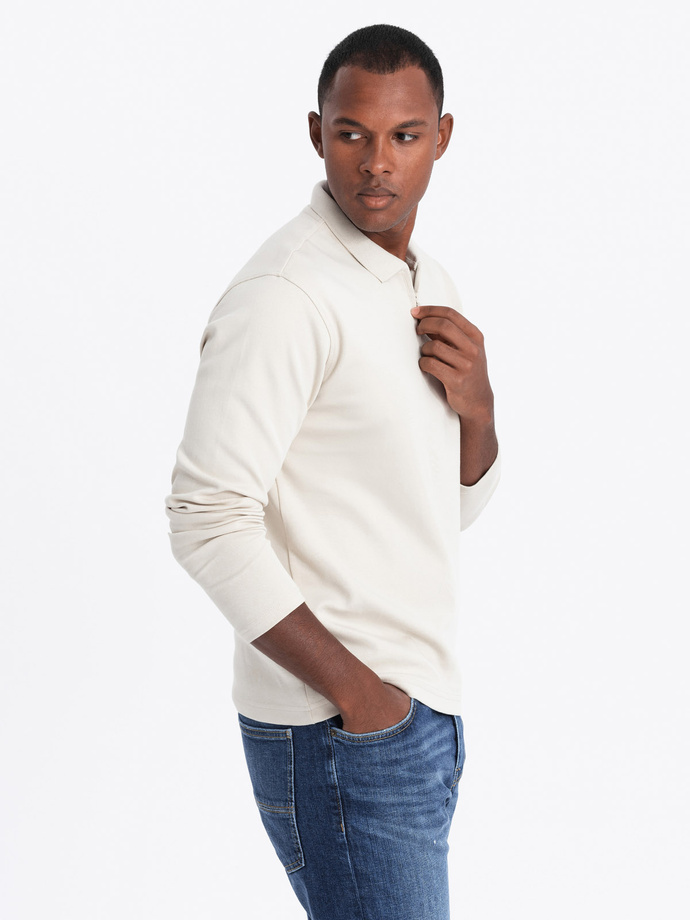 Longsleeve męski polo z zapinanym na zamek kołnierzykiem – kremowy V3 OM-POLS-0130