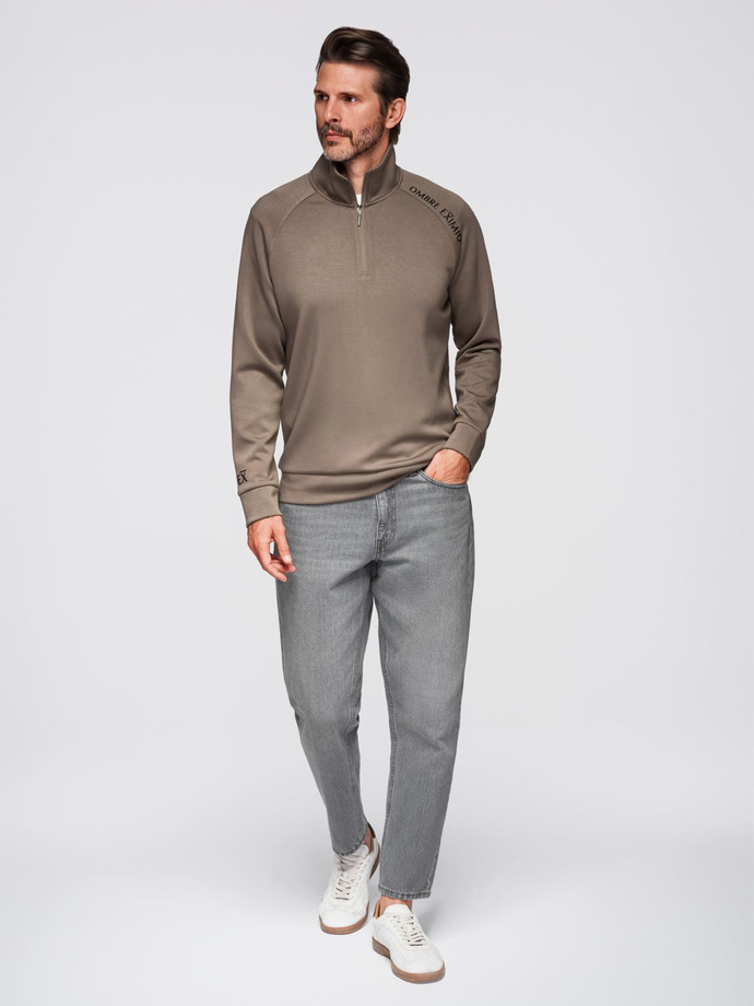 Men's sweatshirt with contrasting print and unbuttoned high collar - grey-brown V3 OM-SSZP-0211