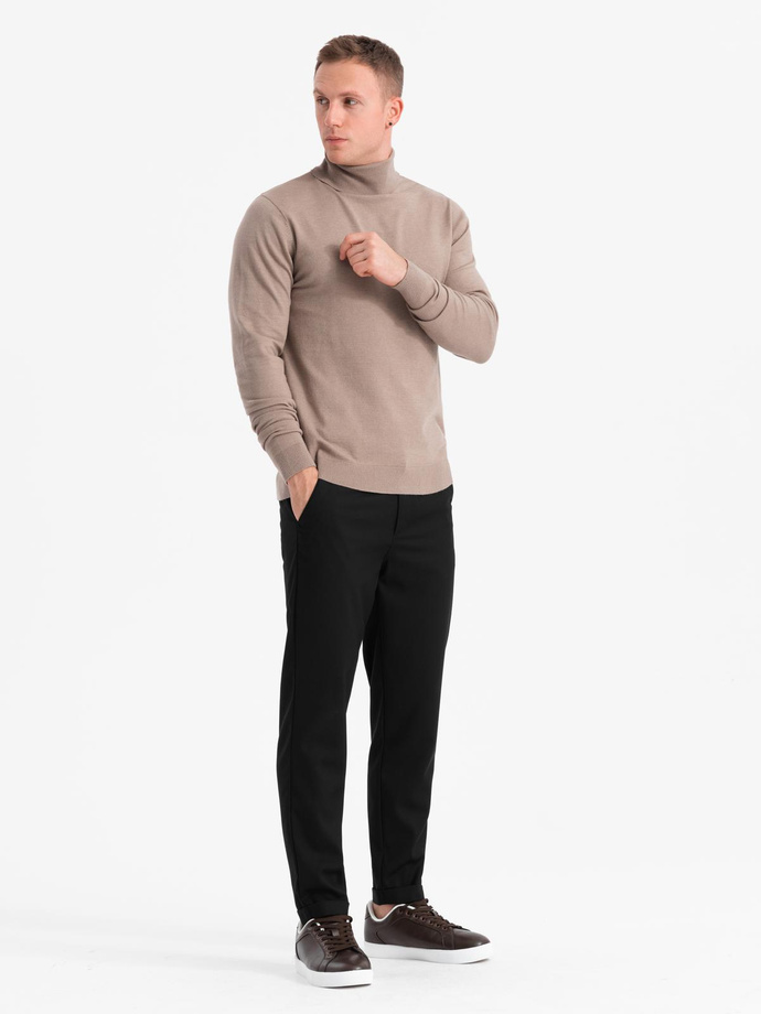 Men's knitted turtleneck with viscose - dark beige V3 OM-SWTN-0127 