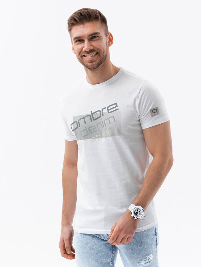 T-shirt męski bawełniany z nadrukiem - biały V1 S1749