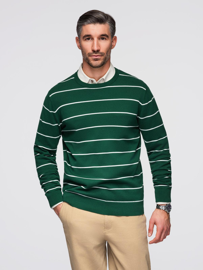Casualowy sweter męski w poziome paski – zielony V4 OM-SWSW-0143