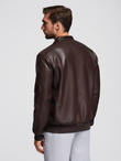Men's imitation leather jacket with ribbed hem - dark brown V1 OM-JAFL-0109