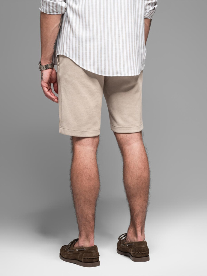 Męskie krótkie spodenki SLIM FIT z melanżowej strukturalnej dzianiny – piaskowe V3 OM-SRCS-0166