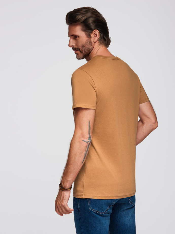 T-shirt męski klasyczny bawełniany BASIC - brązowy V21 OM-TSBS-0236