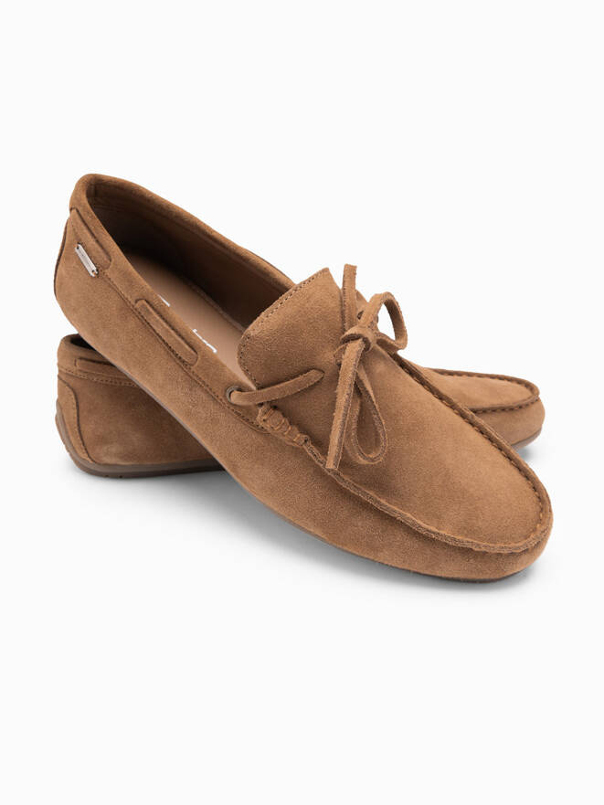 Mokasyny buty męskie skórzane z rzemykiem i podeszwą driver - brązowe V3 OM-FOCS-0150