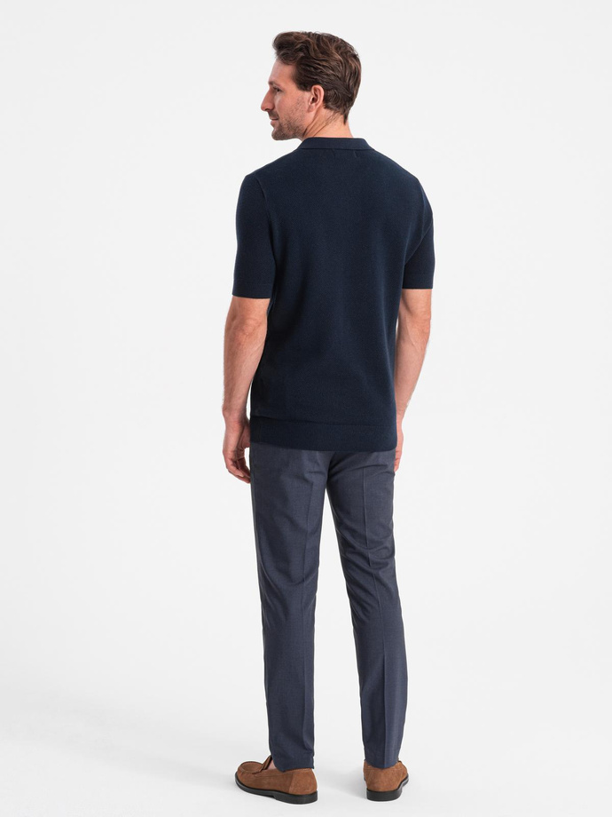 Men's cotton structured knit polo shirt - navy blue V2 OM-POSS-0117