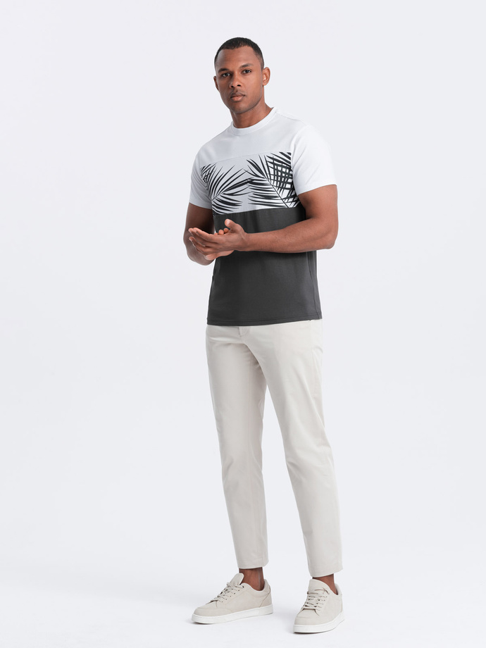 Men's two-tone t-shirt with palm leaf print - graphite V2 OM-TSPT-0177