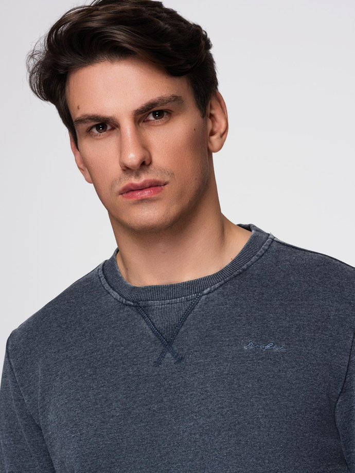 Washed men's sweatshirt with decorative stitching at the neckline - navy blue V4 OM-SSDS-0131