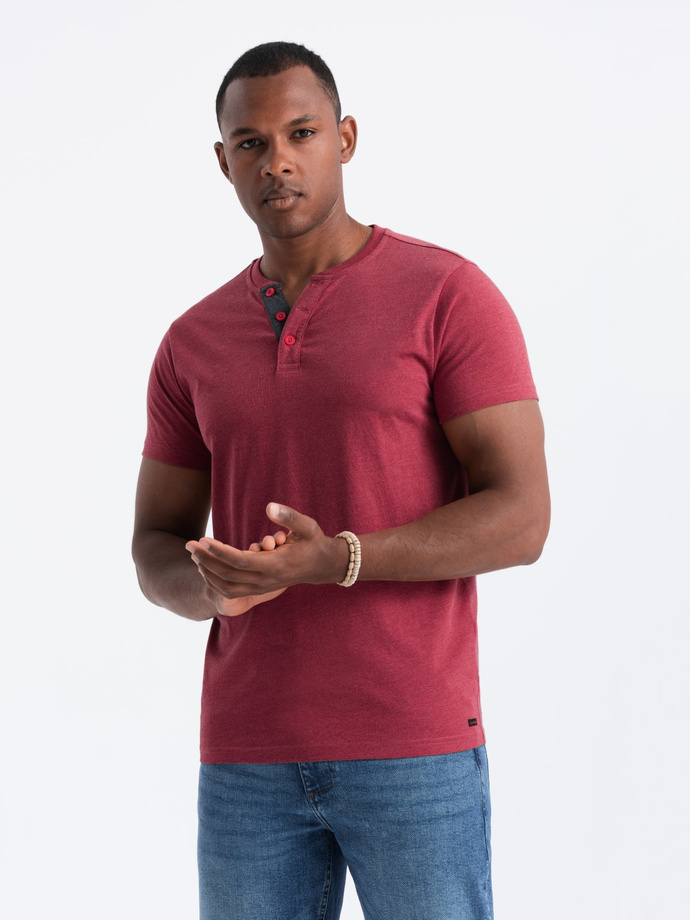 T-shirt męski z okrągłym rozpinanym dekoltem henley – czerwony V1 OM-TSCT-0155