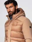 Men's long quilted jacket with large pockets - beige V2 OM-JALJ-0308