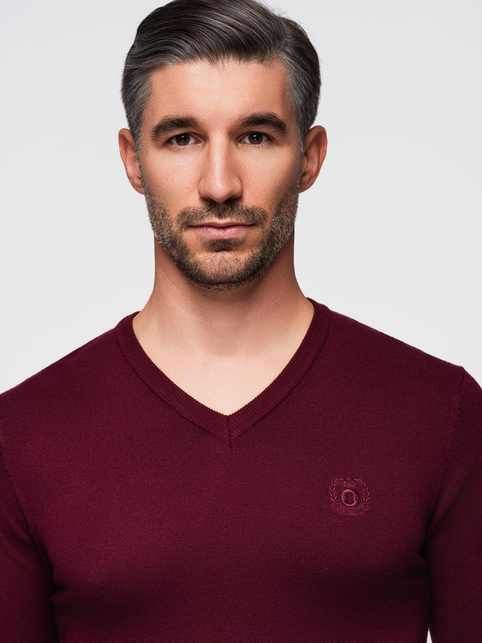 Sweter męski elegancki BASIC V-neck z wiskozą – bordowy V13 OM-SWBS-0107