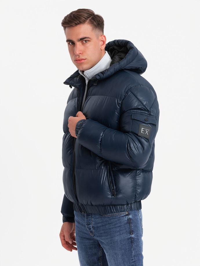 Ciepła kurtka męska puffer ze ściągaczami – granatowa V2 OM-JAHP-0207