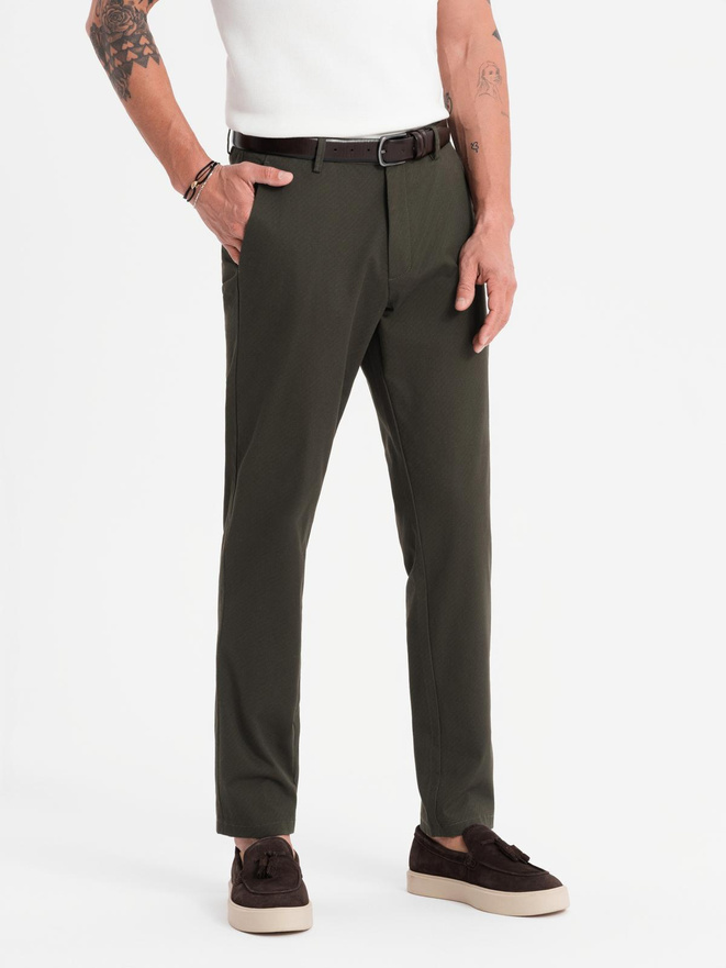 Męskie spodnie chino REGULAR FIT z delikatną strukturą – ciemnozielone V4 OM-PACP-0184