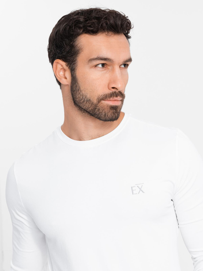 Men's SLIM FIT longsleeve with elastane and print - white V2 OM-LSBC-0124