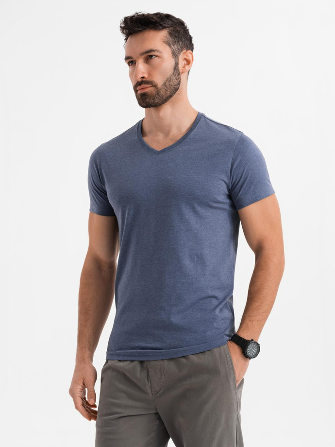Men's BASIC classic cotton T-shirt with a serape neckline - blue melange V18 OM-TSBS-0237