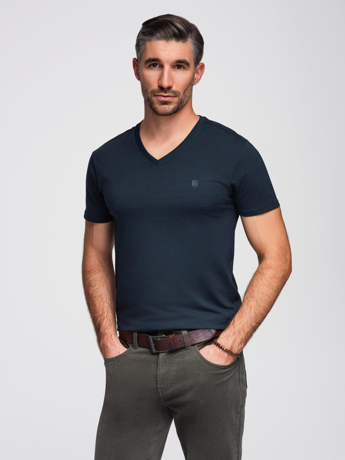 Men's V-NECK T-shirt with elastane - navy blue V2 OM-TSCT-0106
