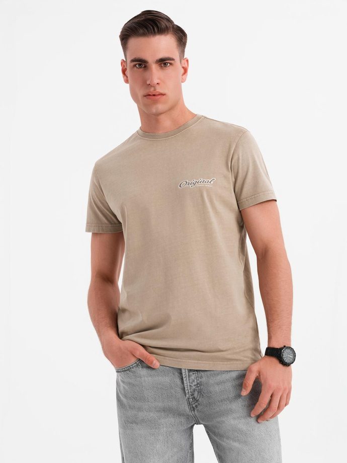 Cotton T-shirt with print on chest and back - dark beige V2 OM-TSWT-0201