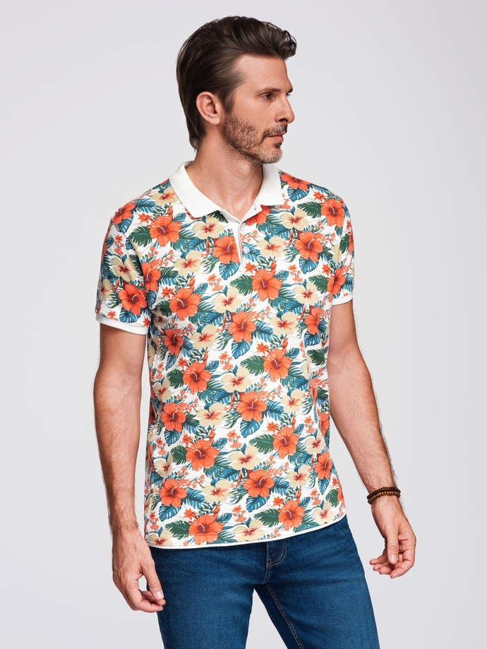 Koszulka polo bawełniana z nadrukiem w kwiaty – biała V1 OM-POSS-0149