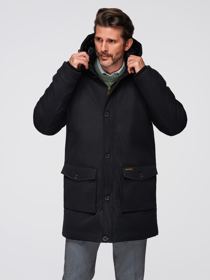 Elegant men's parka with cargo pockets and hood - black V1 OM-JAPJ-0287