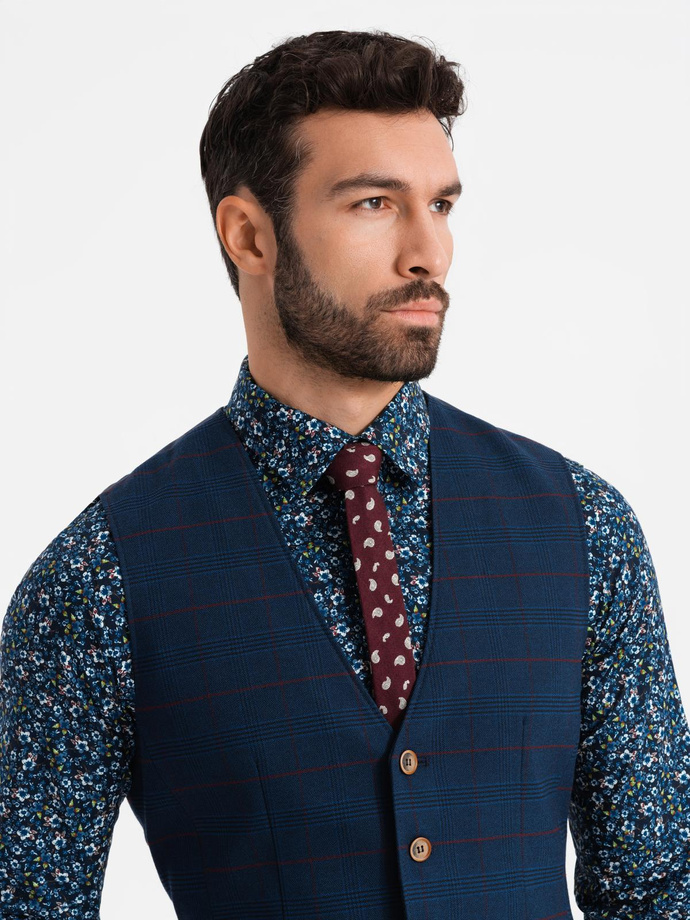 Men's vest without lapels in delicate check - navy blue V1 OM-BLZV-0123