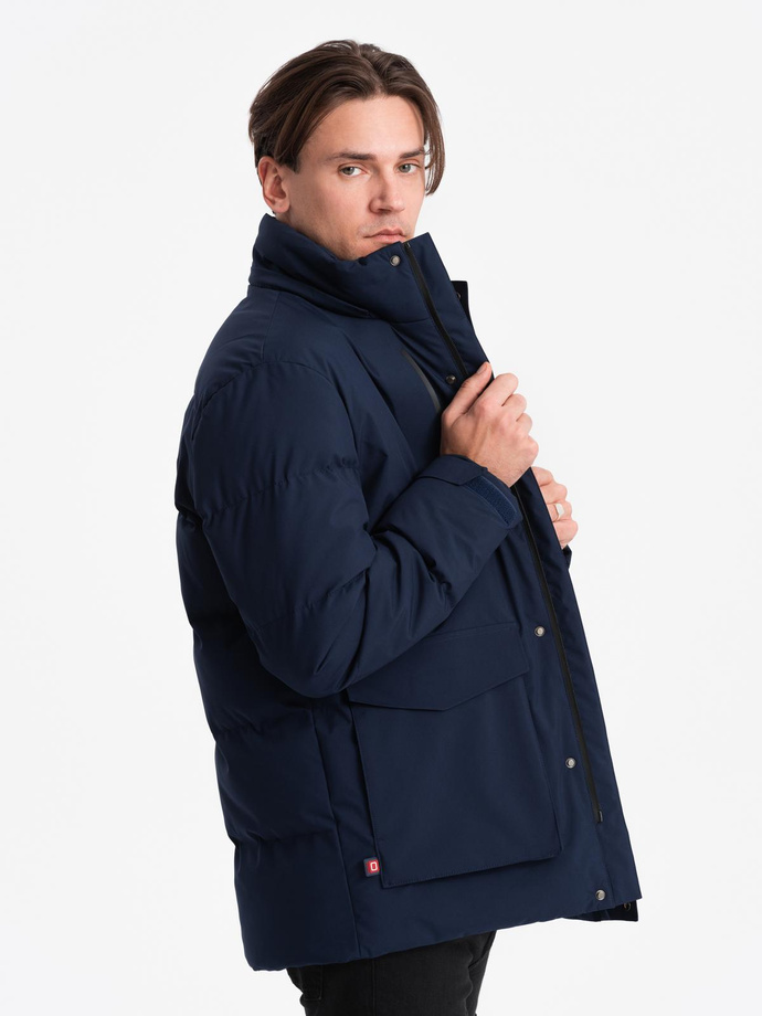 Men's winter jacket with detachable hood made of waterproof material - navy blue V1 OM-JAHP-0306