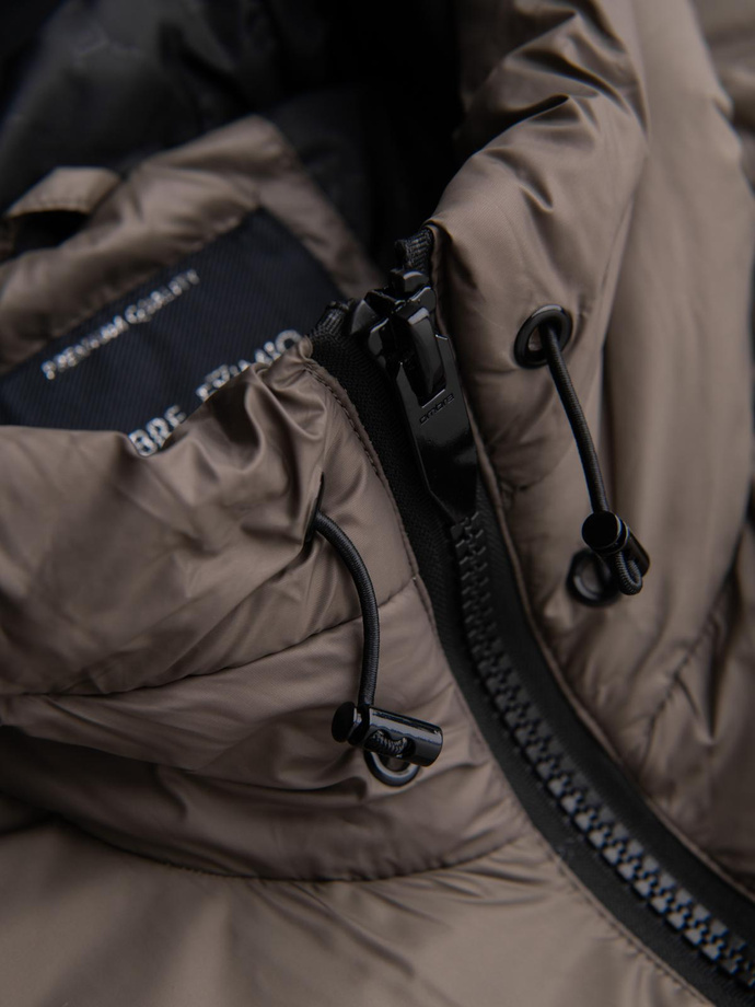 Warm men's puffer jacket with welts - dark beige V3 OM-JAHP-0207
