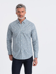 Men's SLIM FIT shirt in small leaf print - light blue V1 OM-SHPS-0163