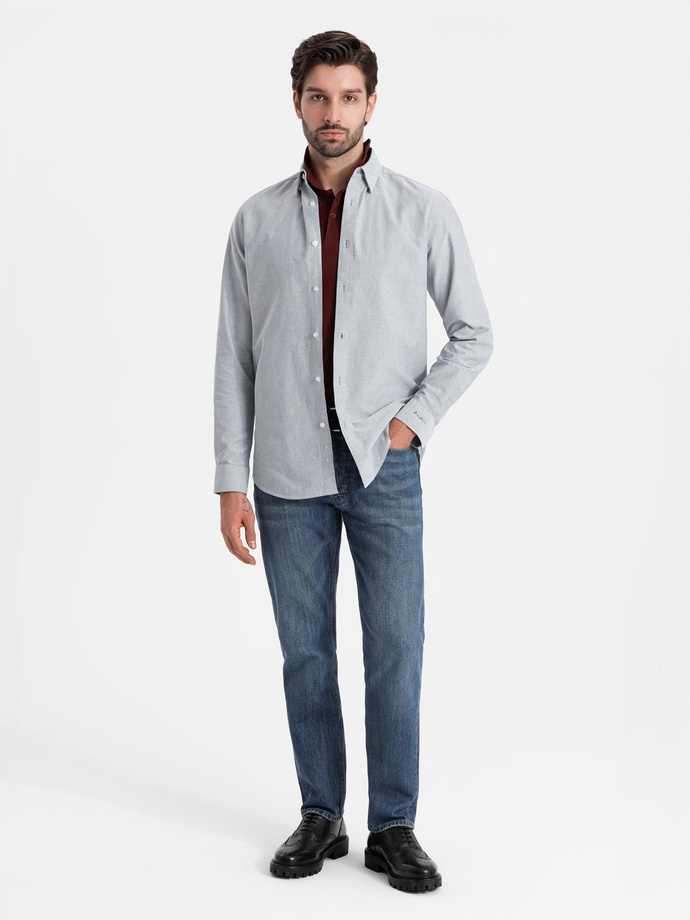 Elegant men's oxford shirt with embroidery - light grey V2 OM-SHOS-0172