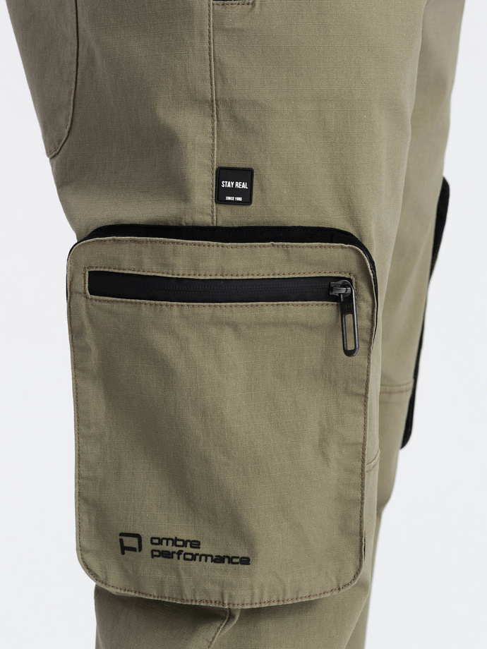 Men's JOGGER pants with zippered cargo pockets - light olive V1 OM-PAJO-0135