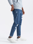 Washowane spodnie męskie jeansowe TAPERED FIT z przetarciami – niebieskie V2 OM-PADP-0163