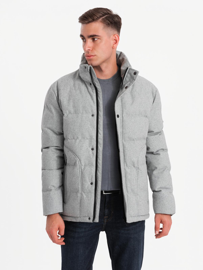 Męska casualowa kurtka puffer z wełną – jasnoszary melanż V3 OM-JAHP-0203